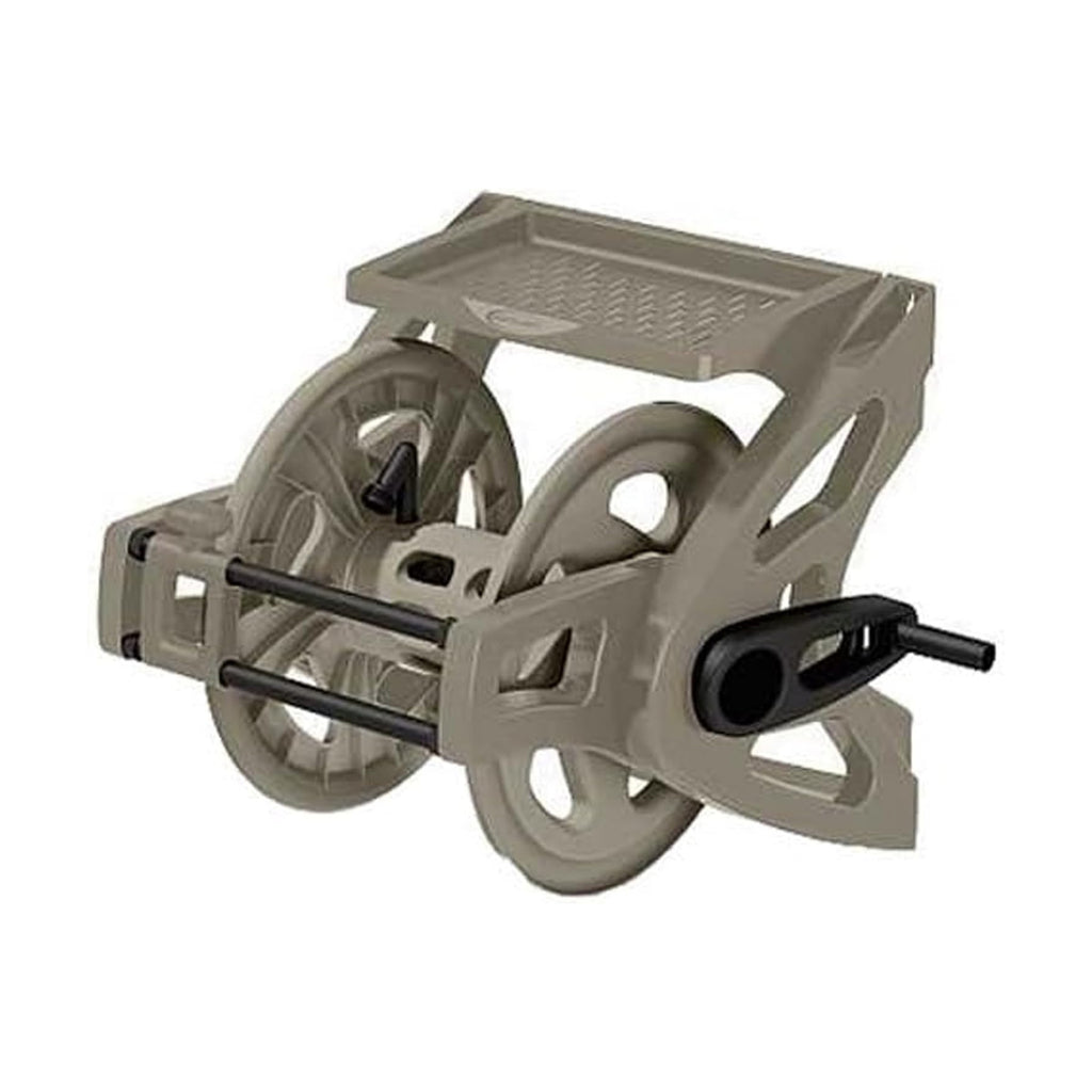 Suncast Slide Trak Garden Hose Reel, Wall-Mount Holder with Storage Tray, Dark Taupe - Outdoor Mounted Organizer for