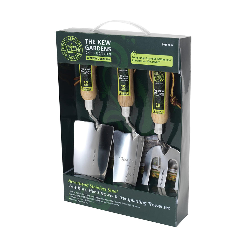 Spear & Jackson 3056KEW Kew Gardens Neverbend Stainless 3 Piece Hand Tool Gift Set – Planting Trowel, Transplant Trowel