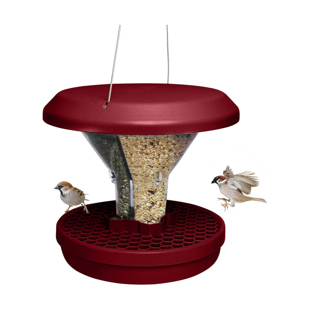 SWISSINNO Bird Feeders - No Mess Hanging Bird Feeder for Outdoors - Smart Birds Davos Spill Proof Wild Cardinal & Small Bird Feeder with Integrated Seed Catcher Tray - Dual Chamber - Burgundy