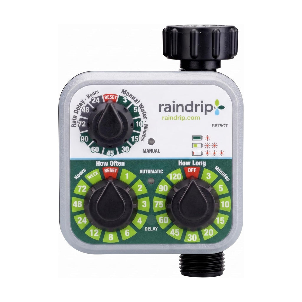 Raindrip R675CT Analog 3-Dial Water, Sprinkler Timer with Rain Delay for Drip Irrigation, Garden, Self-Watering
