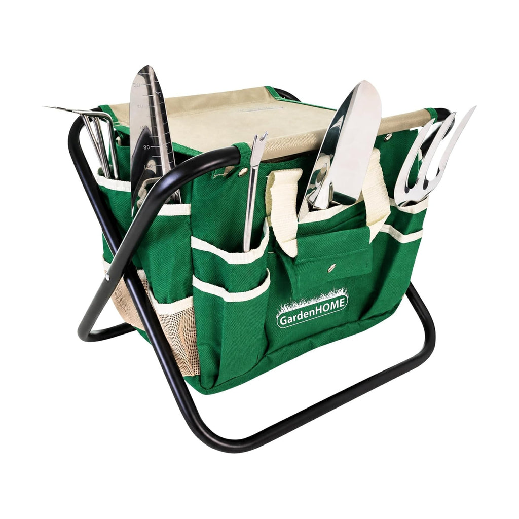 7-Piece Gardening Tool Set with Folding Stool and Storage Tote Bag, Stainless Steel Garden Tools with Wooden Handles