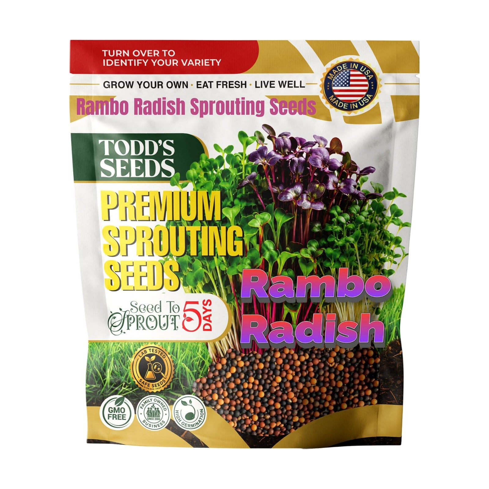 Todd's Seeds Radish Microgreen Seeds, 1 lb – Non-GMO | Rambo Variety, Bulk - Striking purple sprouts. High in vitamins