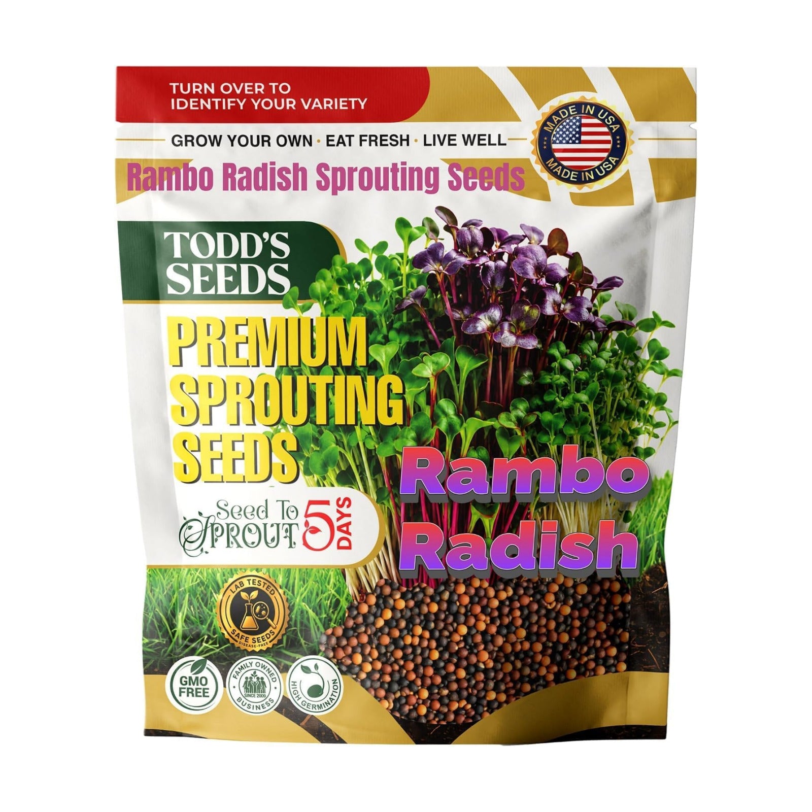 Todd's Seeds Rambo Radish Sprouting Seeds, 1/2 lb – Non-GMO | Striking red/purple sprouts. Ready in 5 days. High