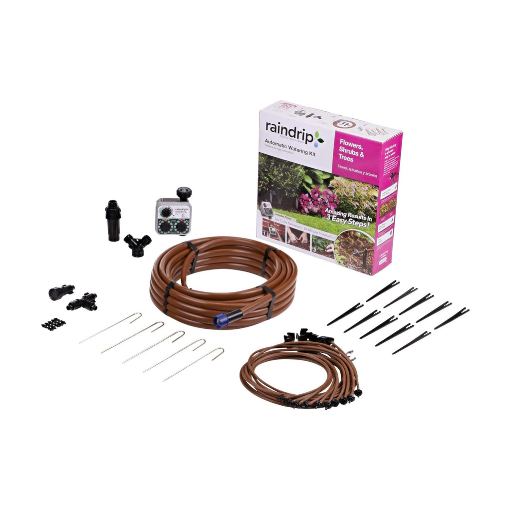 Raindrip SDFSTH1P Automatic Drip Irrigation Watering Kit with Timer for Flowers, Shrubs, and Trees, Waters up to 10