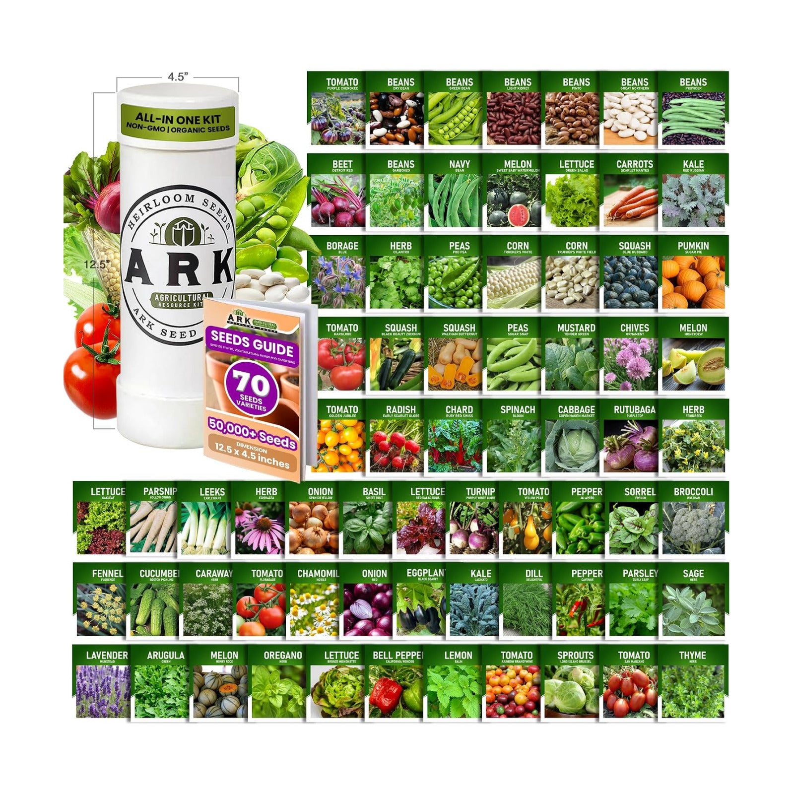 Organic Heirloom Seed Kit - 70+ Varieties, 50,000+ Seeds - Diverse Fruits, Vegetables, & Herbs for Gardening- Includes