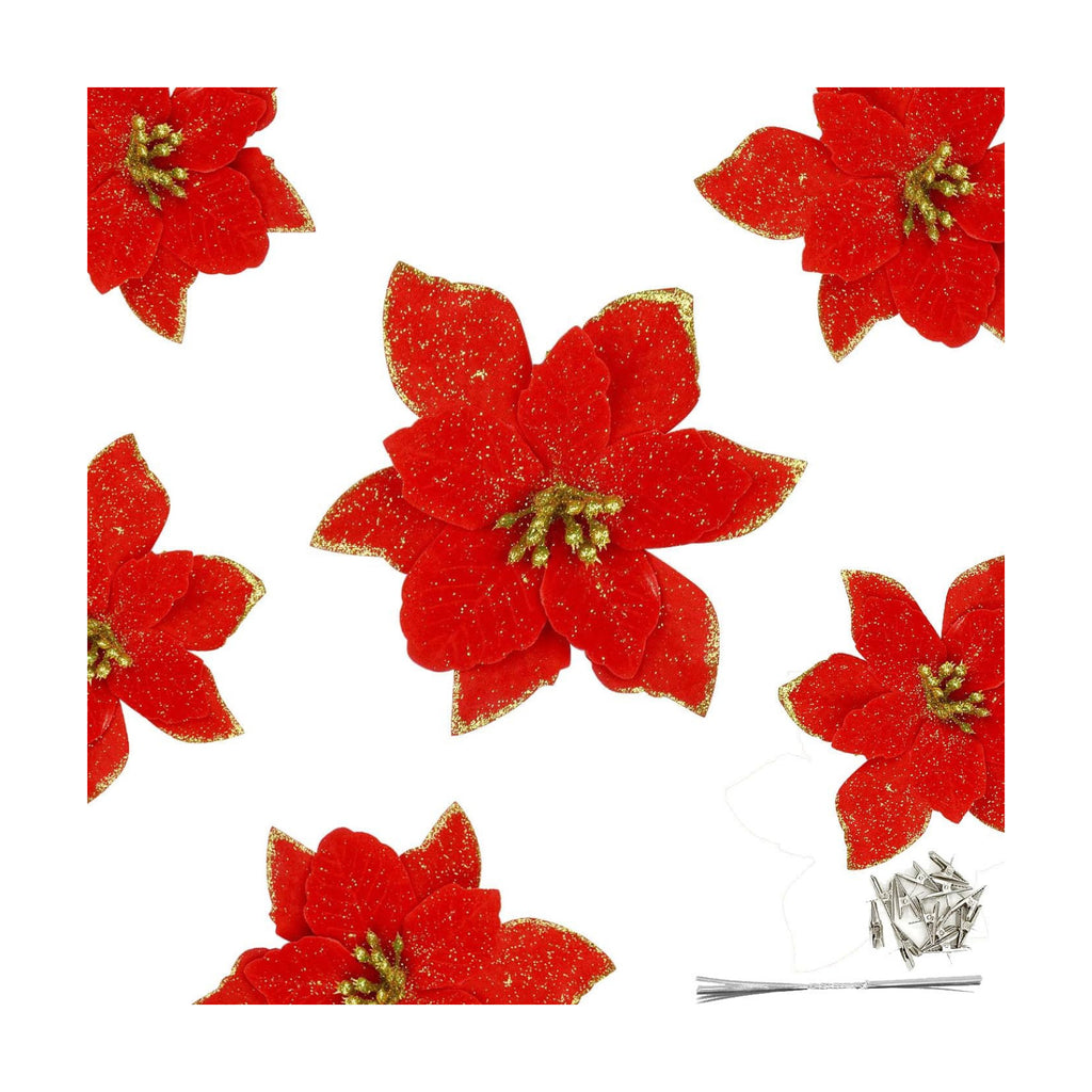Gardeningwill 12Pcs 5 Inch Glitter Artificial Poinsettia Flowers with Ties for Wedding Christmas Festival Holiday Decor Xmas Wreath Garland Ornament Red