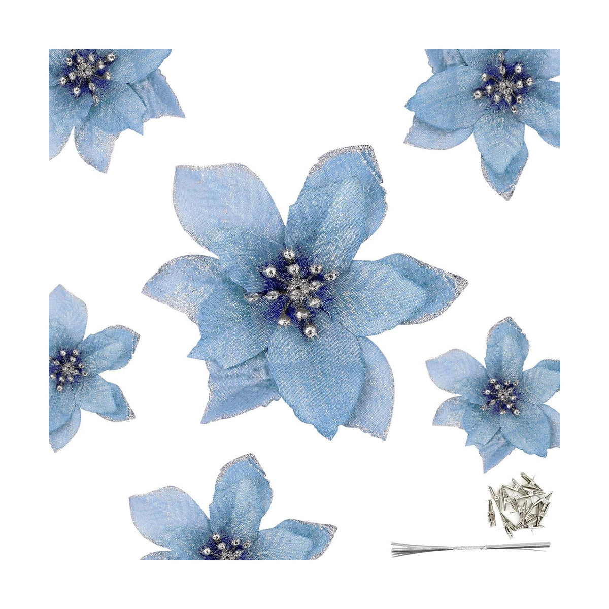 Gardeningwill 12Pcs 5 Inch Glitter Artificial Poinsettia Flowers with Ties for Wedding Christmas Festival Holiday Decor Xmas Wreath Garland Ornament Blue