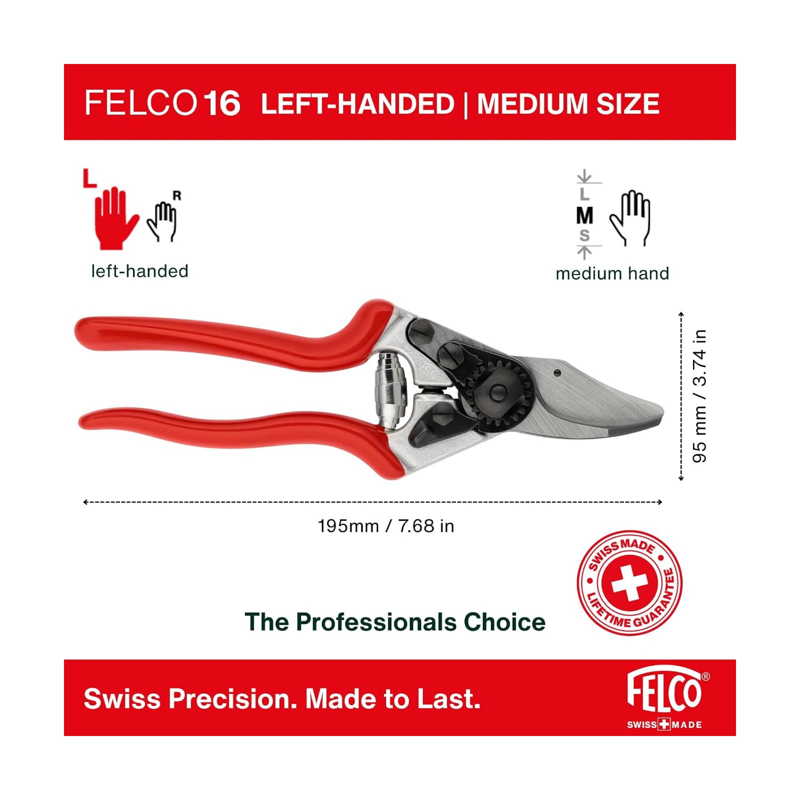 Felco F16 Pruning Shears – 7.7" Garden Clippers for Left-Handed Users with Bypass & Anvil Blades | Hand Pruners for