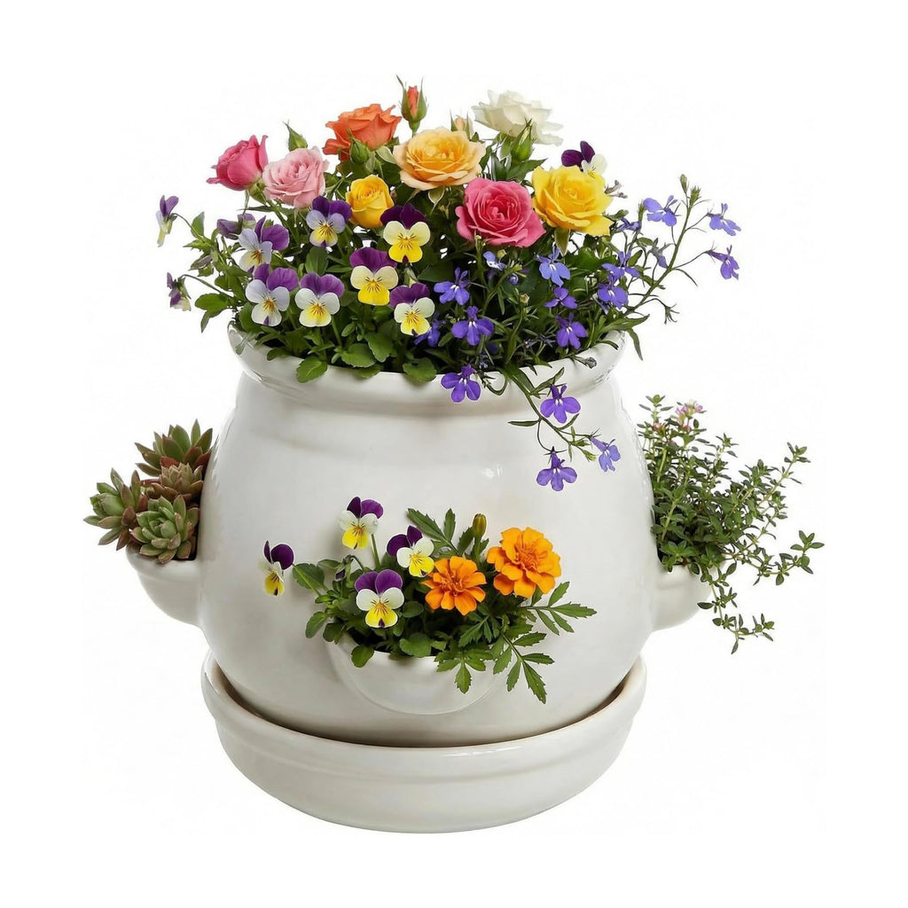 MyGift White Ceramic Plant Pot, Flower Strawberry Planter with Saucer and 4 Decorative Side Openings Design