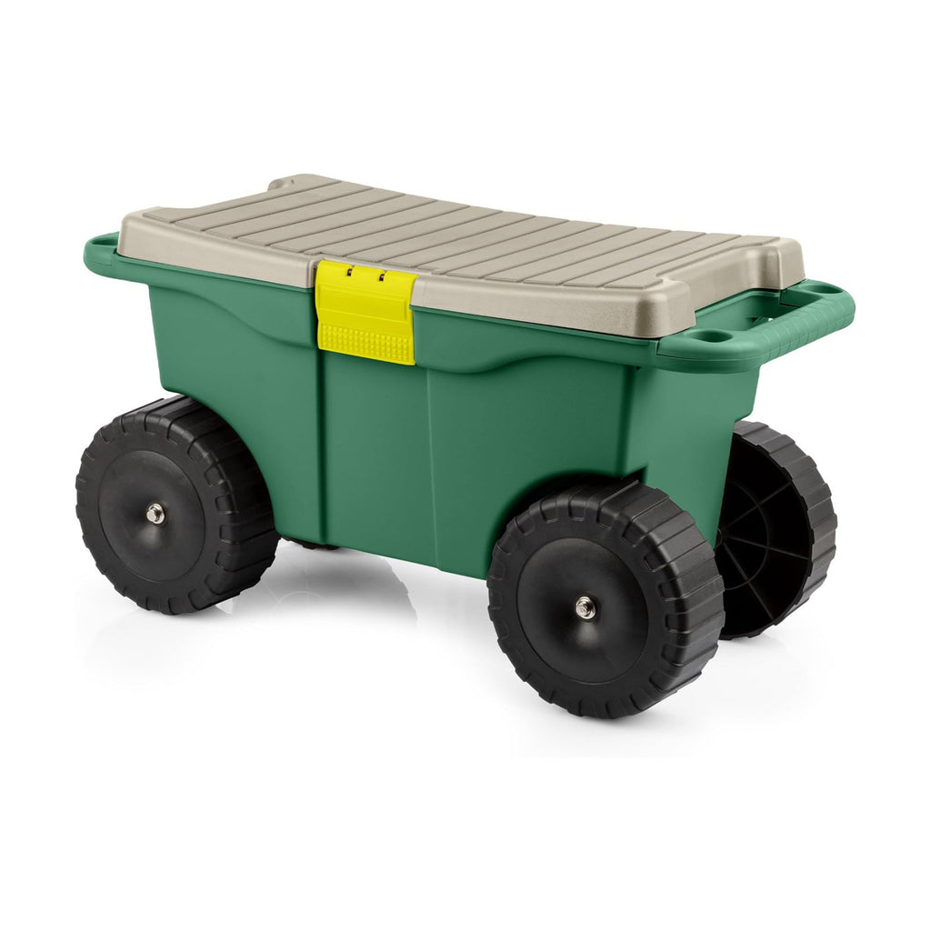 Rolling Garden Cart with Seat - Plastic Storage with Bench and Interior Tool Tray - Gardening Stool for Weeding and