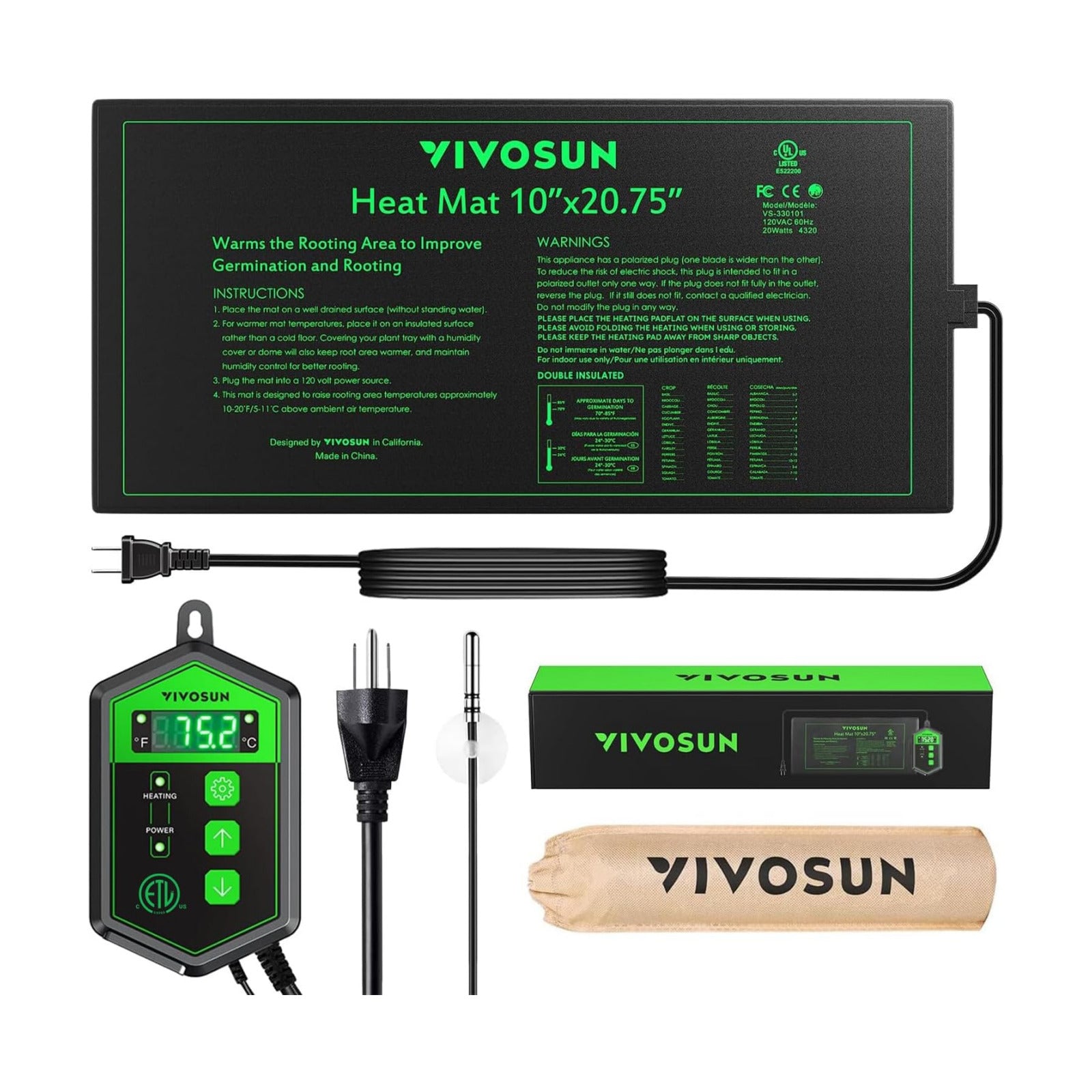 VIVOSUN 10"x 20.75" Seedling Heat Mat and Digital Thermostat Combo Set | UL & MET-Certified Warm Hydroponic Heating Pad