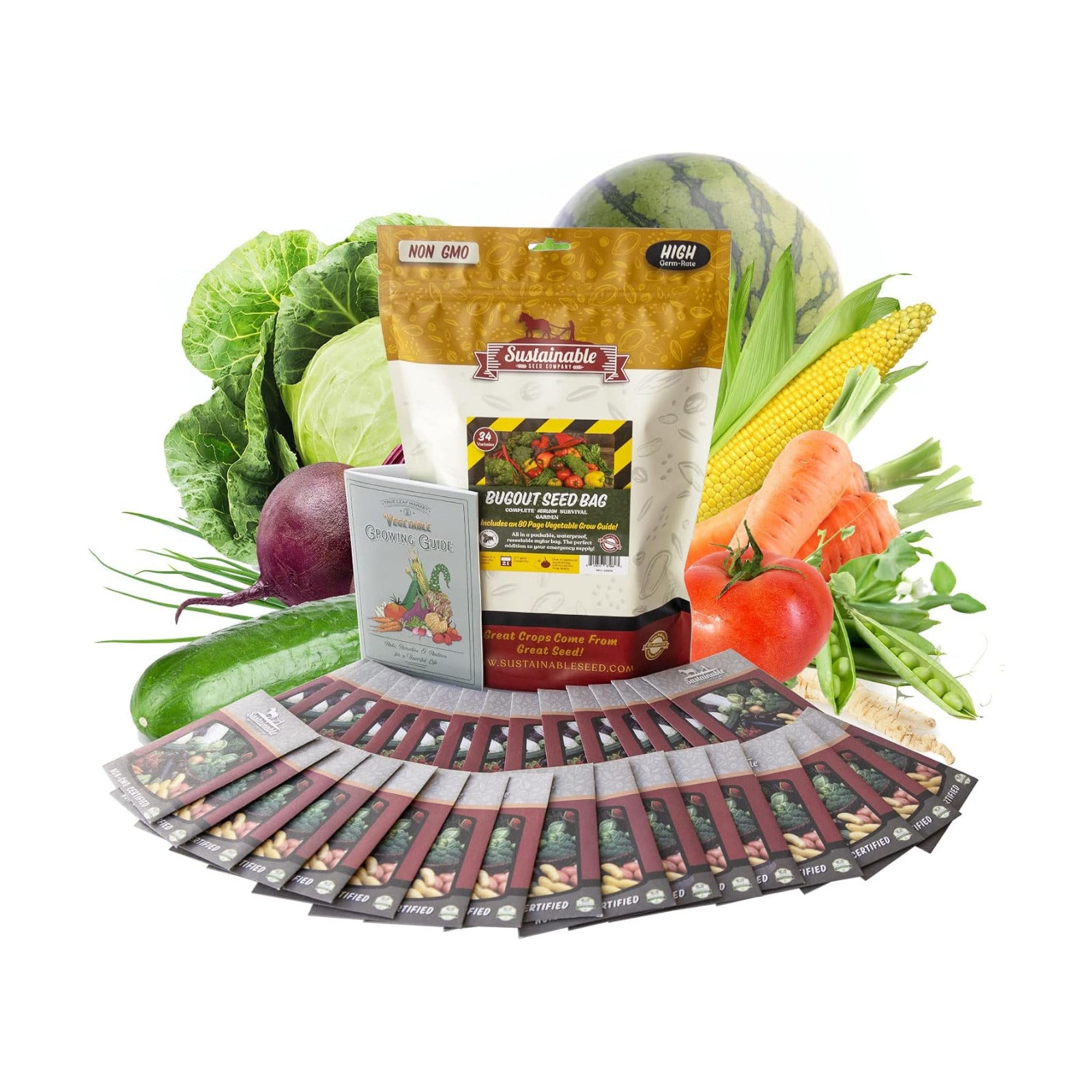 Sustainable Seed Co Vegetable Seed 22,000 Seeds Non-GMO Heirloom | Survival Garden, Emergency Seed Vault, 34 VAR, Bug