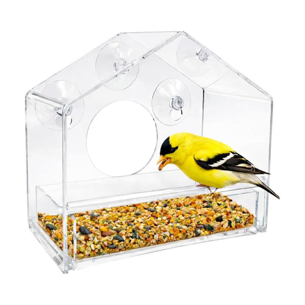 Nature Gear Window Bird Feeder with Strong Suction Cups, Clear Acrylic Window Mounted Bird Feeder, Removable Sliding Tray, Weather-Resistant, Durable, Squirrel-Resistant, House Style