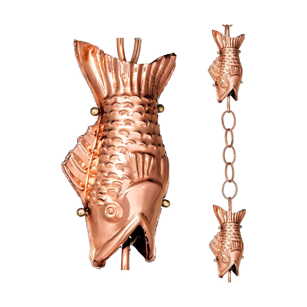 Good Directions 487P-8 Fish Rain Chain - 8.5 ft., with 4 Large Figures, Large Cups 100% Pure Copper
