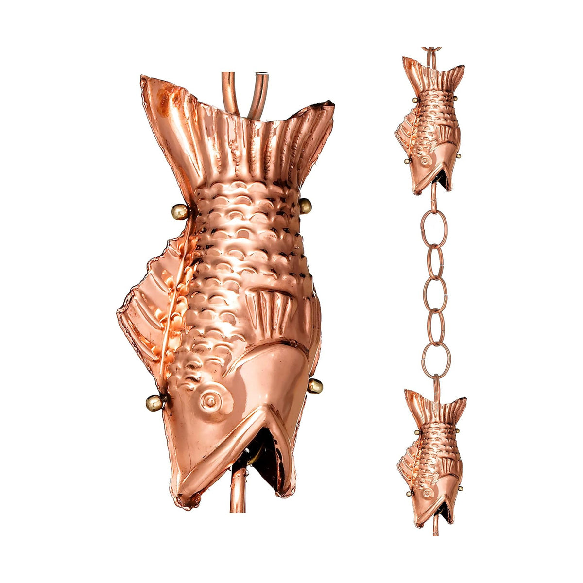 Good Directions 487P-8 Fish Rain Chain - 8.5 ft., with 4 Large Figures, Large Cups 100% Pure Copper