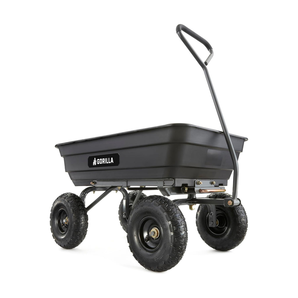 Gorilla Carts Heavy-Duty Poly Garden Dump Cart, 4 Cu Ft, 600 lb Capacity | Pneumatic Tires, Patented quick-release