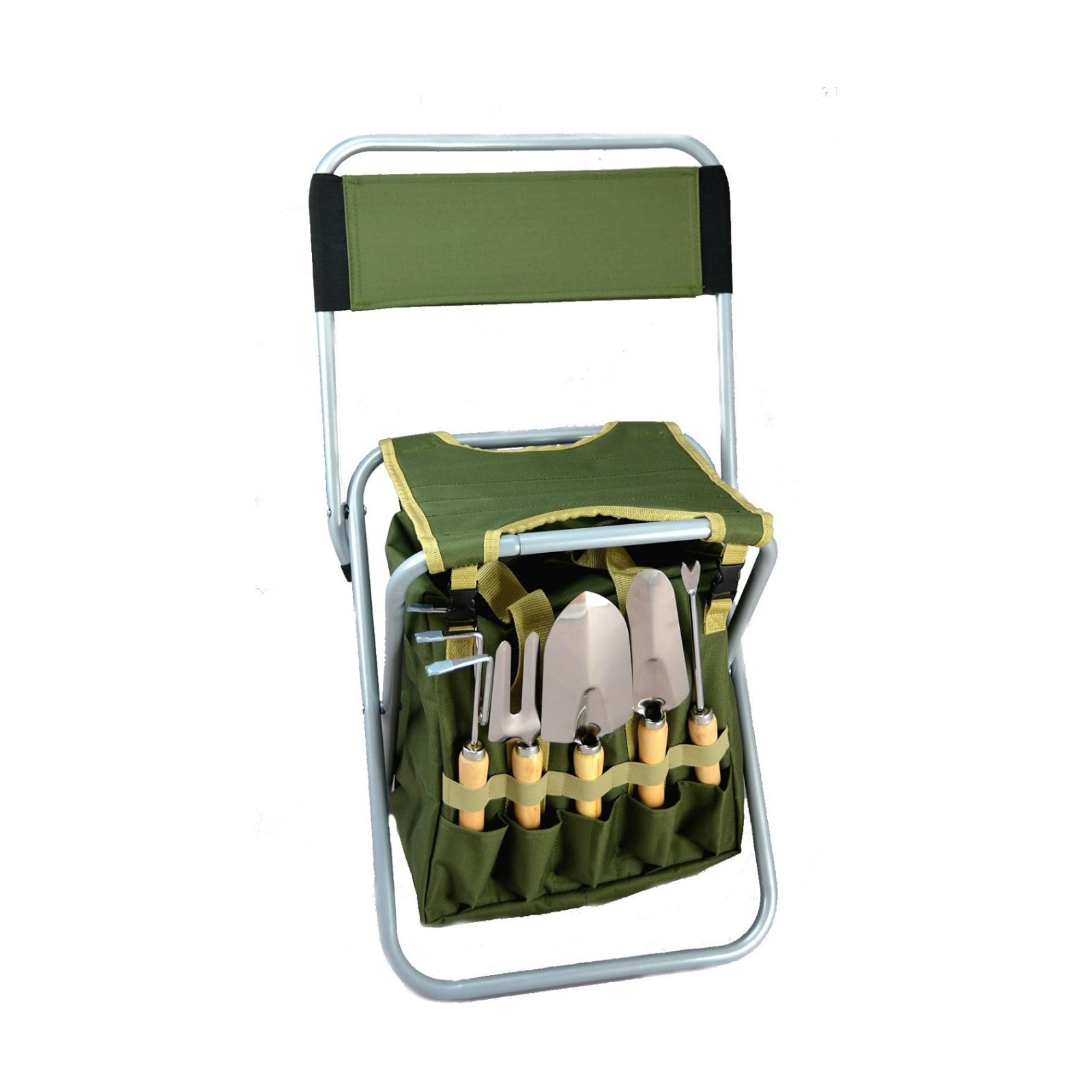10-piece Gardening Tool Set with Zippered Detachable Tote and Folding Stool Seat with Backrest