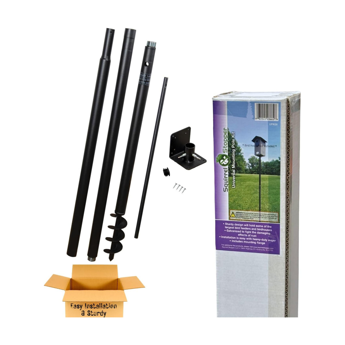 Squirrel Stopper Universal Mounting Pole Kit - Heavy Duty Bird House or Bird Feeder Pole for Outdoors, Galvanized Steel, Threaded Joints, 30 lb Capacity, Auger Base