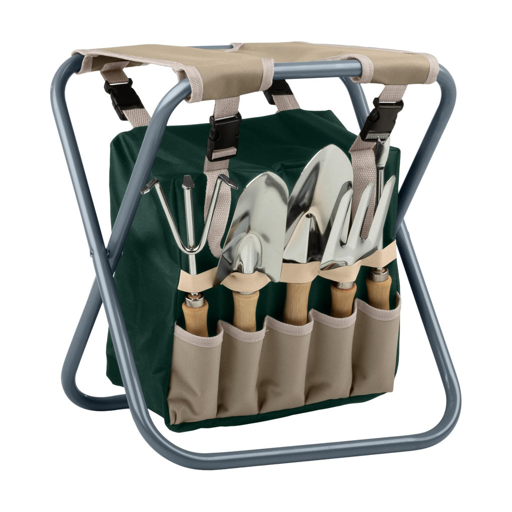 Pure Garden Folding Garden Stool with Tool Bag Plus 5 Garden Tools,Tan, Green and Silver