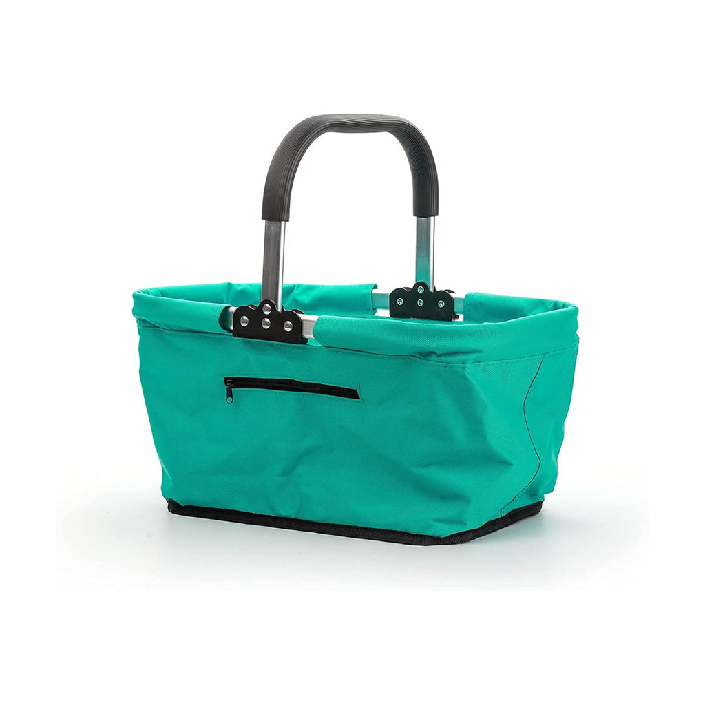 RSVP International Collapsible Market Basket Aluminum Frame, Large Zip Side Pocket, 17x11x18", Turquoise