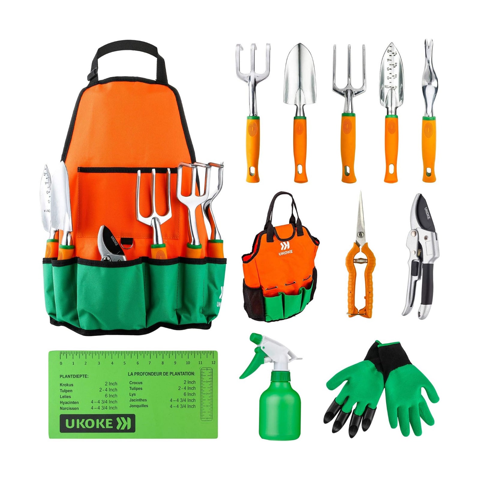 UKOKE Garden Tool Set, 12 Piece Aluminum Hand Tool Kit, Garden Canvas Apron with Storage Pocket, Outdoor Tool, Heavy