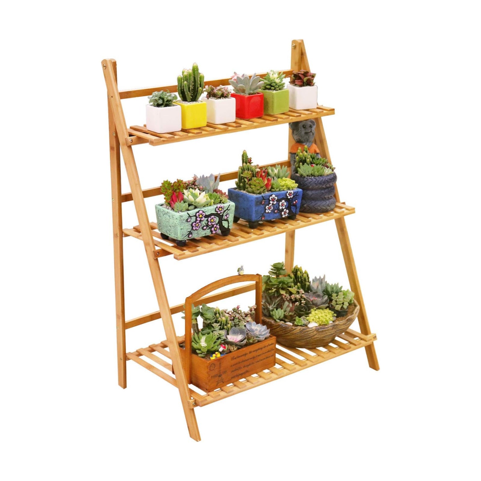 Ufine Bamboo Ladder Plant Stand 3 Tier Foldable Flower Pot Display Shelf | Indoor Outdoor Planter Organizer Holder