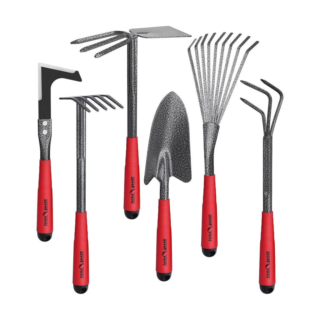 FLORA GUARD 6-Piece Garden Tool Set | Heavy Duty Gardening Hand Tools with High Carbon Steel Including Trowel, Rakes