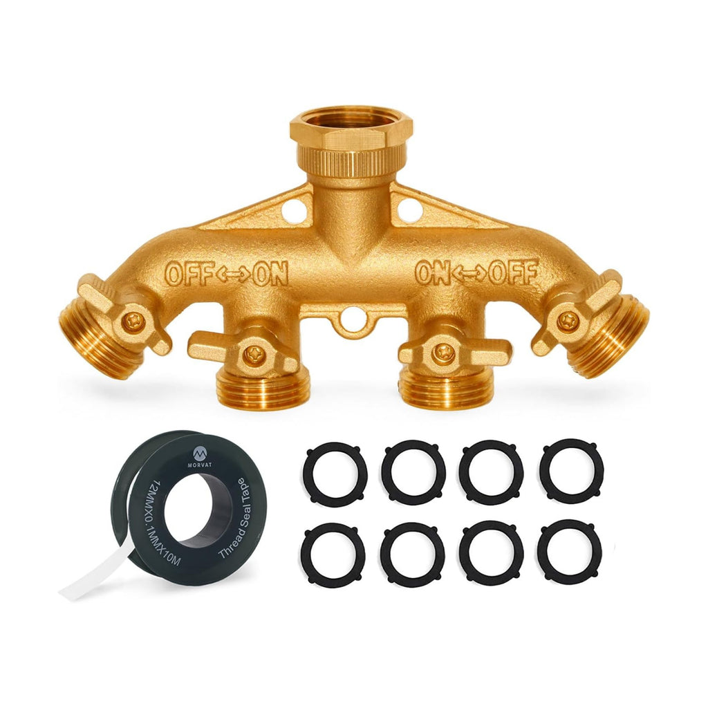 Brass 4-Way Splitter LEAD-FREE, Heavy-Duty Garden Hose Manifold Connector with Improved Comfort Grip ON/OFF Valves