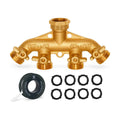 Brass 4-Way Splitter LEAD-FREE, Heavy-Duty Garden Hose Manifold Connector with Improved Comfort Grip ON/OFF Valves