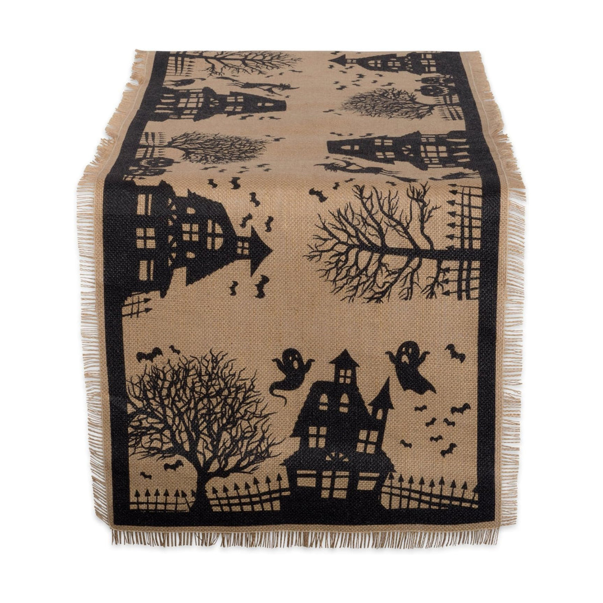 DII Halloween Primitive Style Burlap Tabletop Décor, Spooky Haunted House Jute, Table Runner, 14x74, Black & Tan