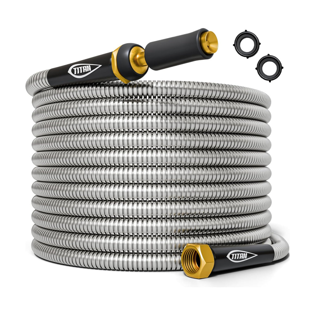 TITAN Garden Hose 50FT - 304 Stainless Steel Metal Water Hose, Flexible, Kink-Free, Lightweight, Durable, Crush