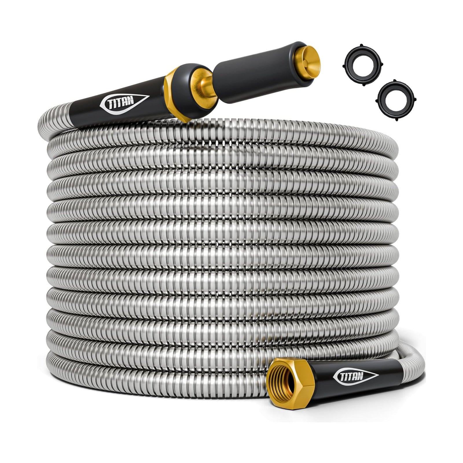 TITAN Garden Hose 50FT - 304 Stainless Steel Metal Water Hose, Flexible, Kink-Free, Lightweight, Durable, Crush
