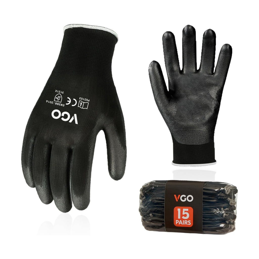 Vgo... 15-Pairs Safety Work Gloves, Gardening Gloves, Polyurethane Coated, Dipping Gloves, Latex Free (Size XL, Black