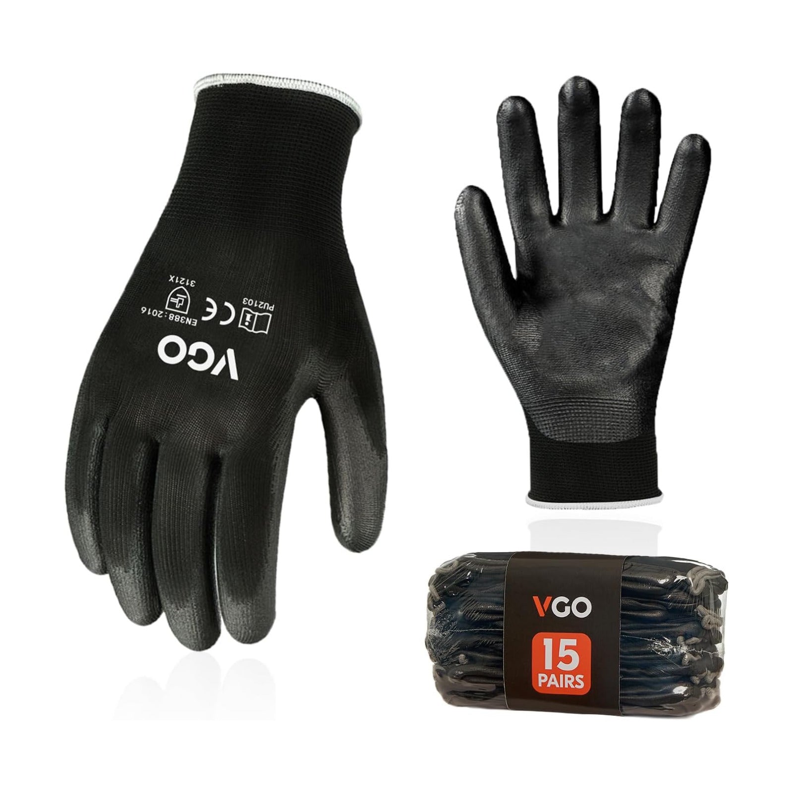Vgo... 15-Pairs Safety Work Gloves, Gardening Gloves, Polyurethane Coated, Dipping Gloves, Latex Free (Size XL, Black