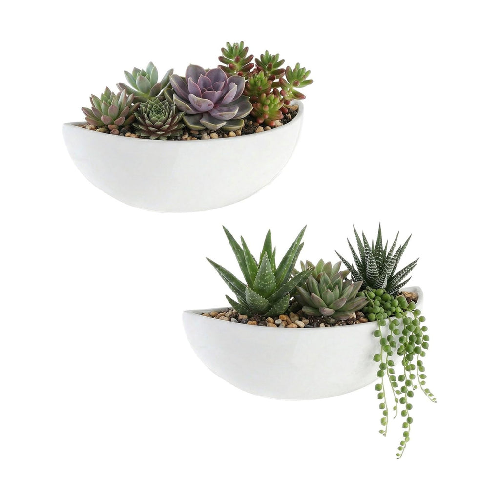 MyGift White Ceramic Wall Planters Half Bowl Hanging Vase Set of 2 | Half Bowl Shape, Space Saving Display, Easy Wall