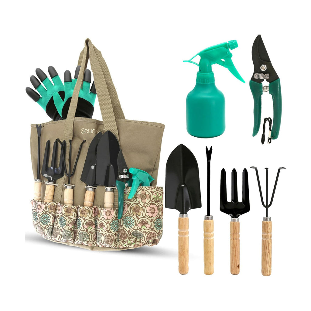 Scuddles 8-Piece Garden Tool Set with Bag | Includes Stainless Steel Tools, Wooden Handles and Cotton Gloves for