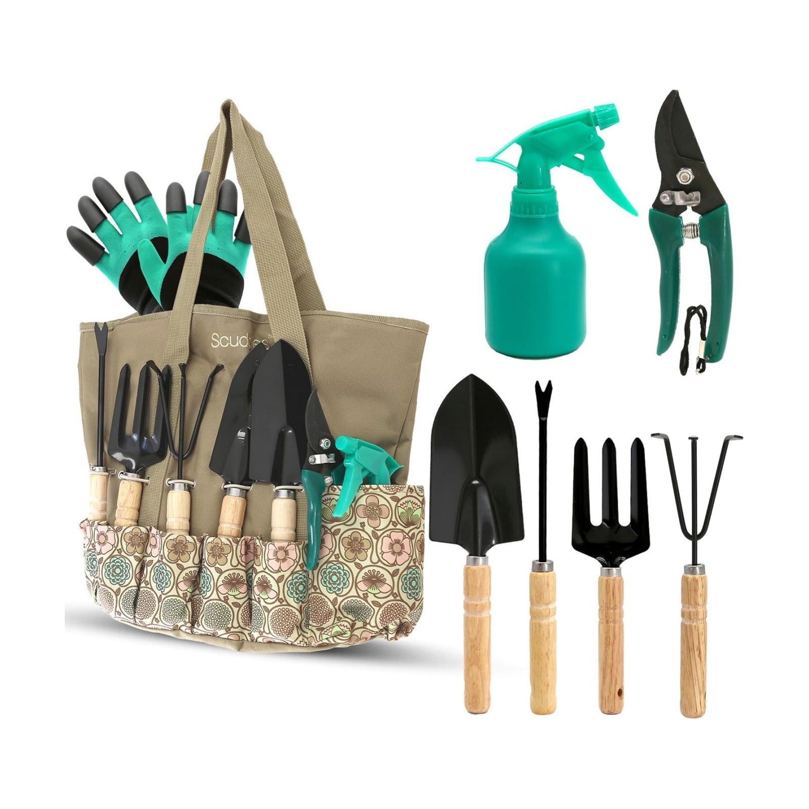 Scuddles 8-Piece Garden Tool Set with Bag | Includes Stainless Steel Tools, Wooden Handles and Cotton Gloves for