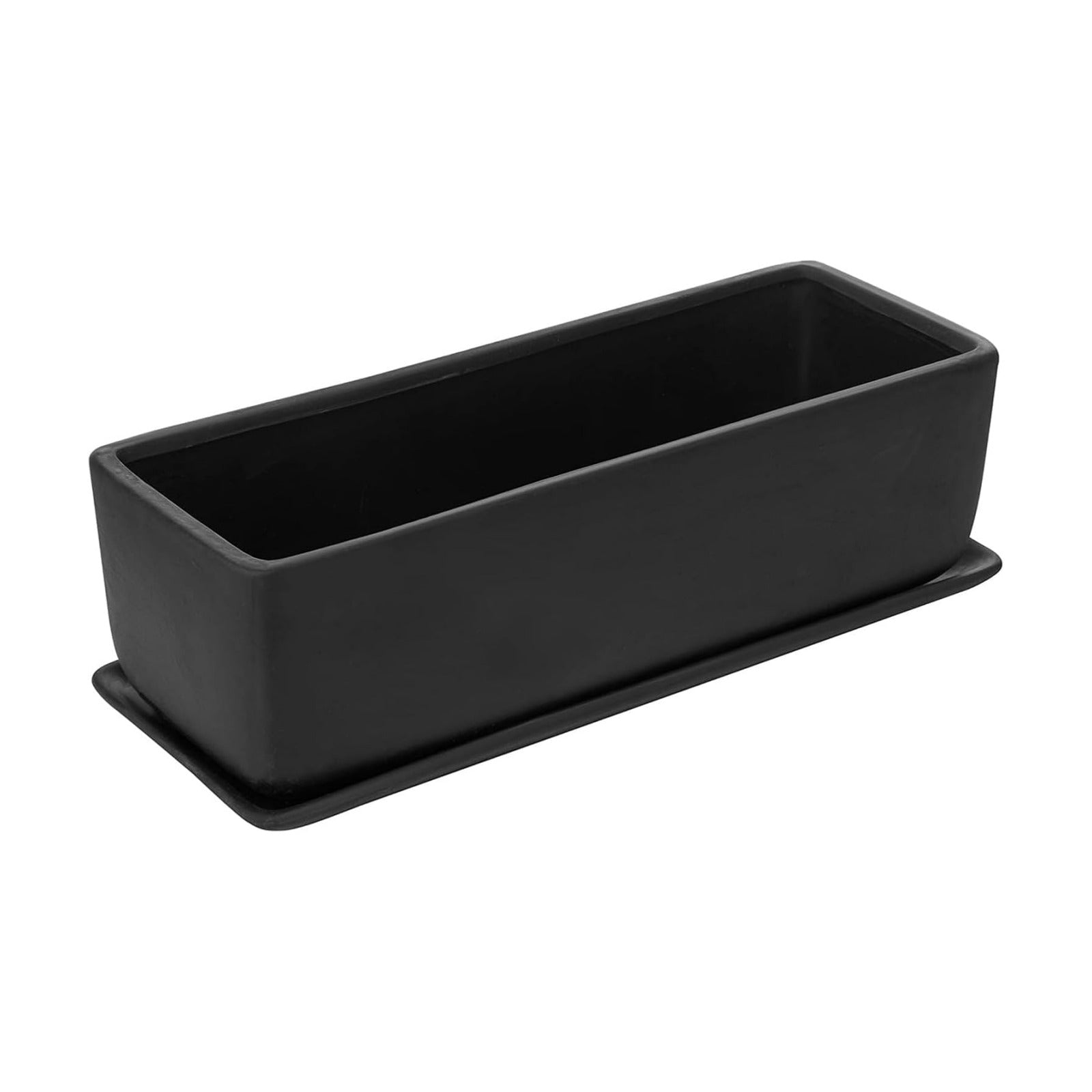MyGift 14 Inch Matte Black Ceramic Rectangular Succulent Planter | Decorative Flower Planter with Drainage Hole and