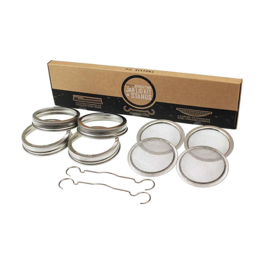 Stainless Steel Sprouting Kit 4 Pack Rust Proof 316 Stainless | With Sprouting Stands, Curved Mesh, Fits Most Wide