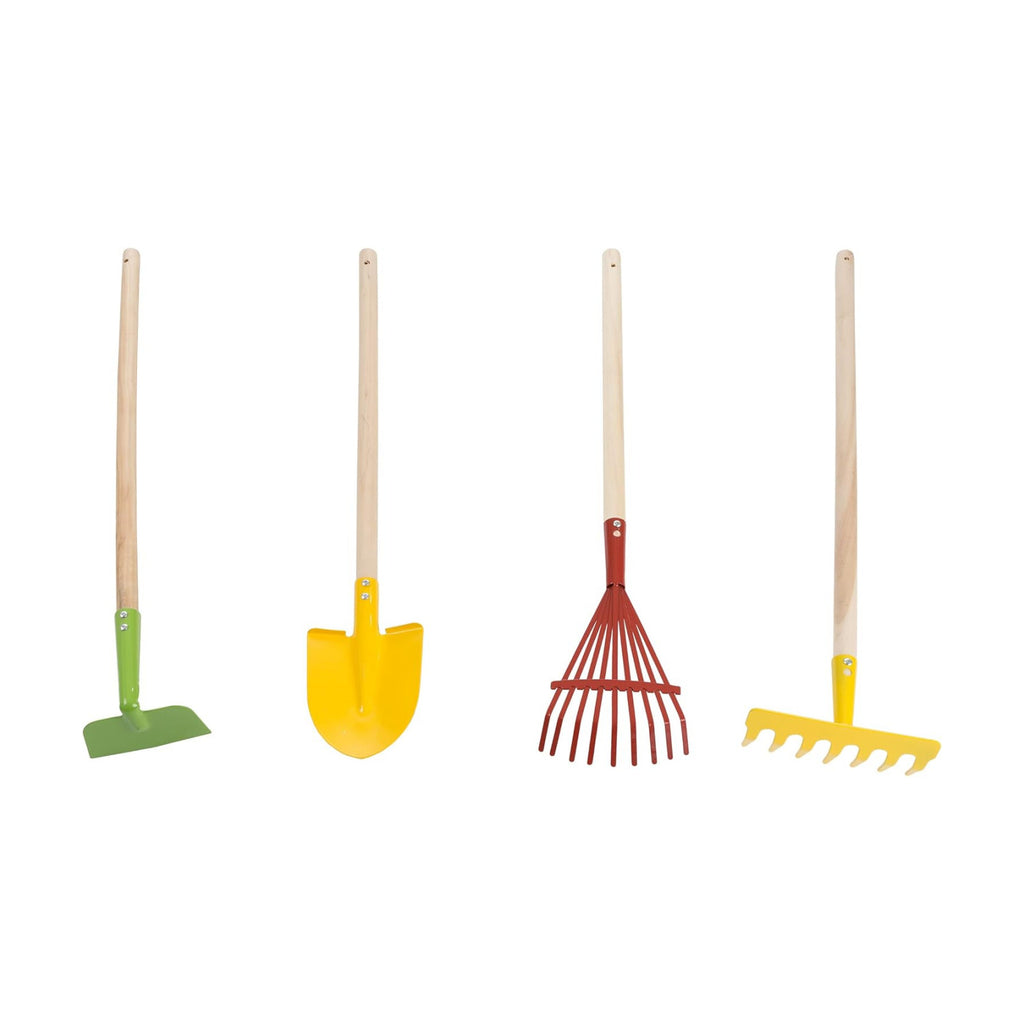 HEY! PLAY! Kids Gardening Tools Set, 4-Piece-Set | Mini Garden Tools with Wood Handles, Child-Sized Shovel, Rake, Hoe