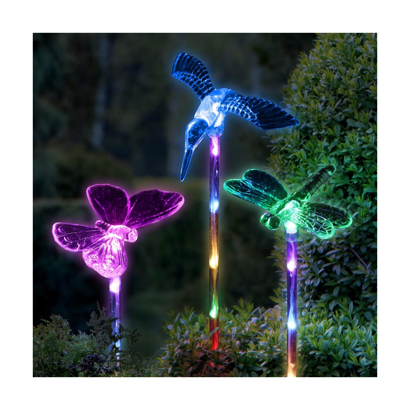 Exhart 3 Solar Acrylic Garden Stakes, Color-Changing Tops, LED Lined Stakes, 1/ea 3pc, 3.5"x 3"25.5"