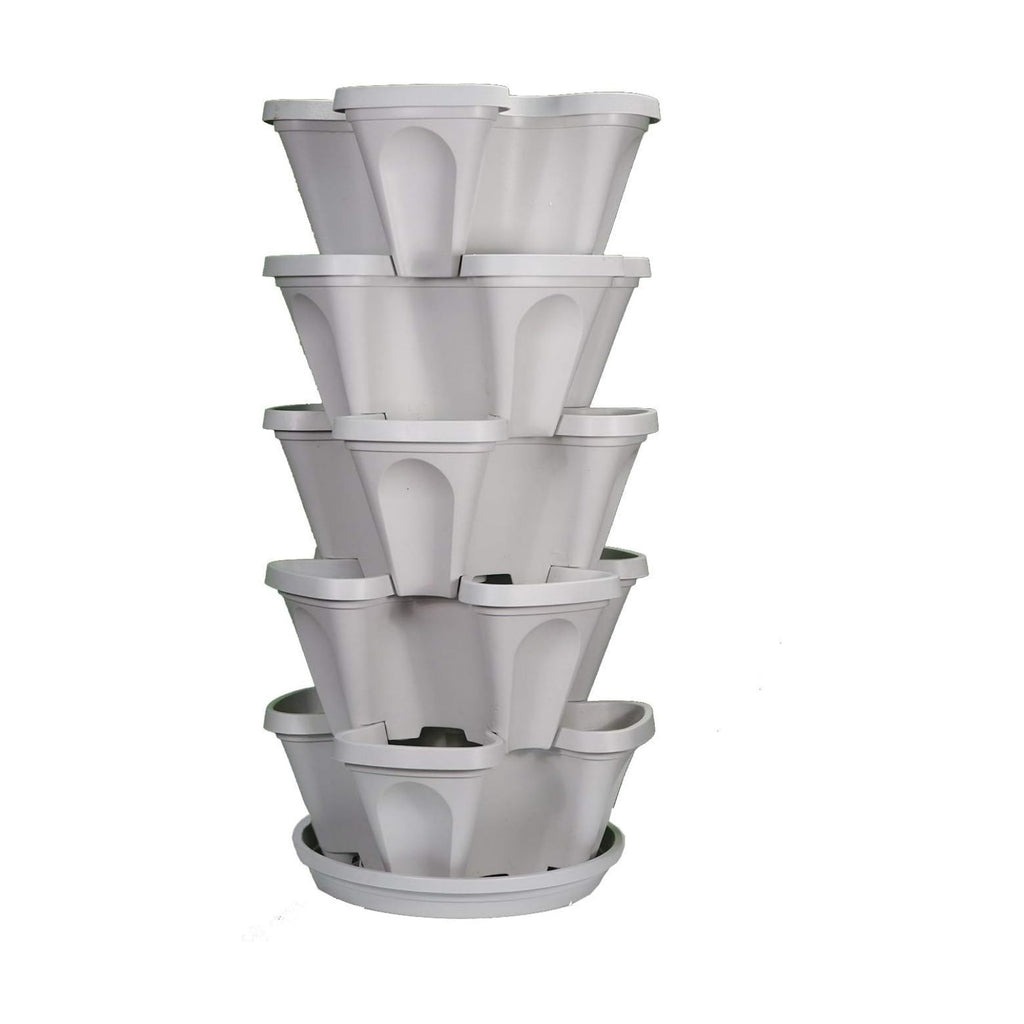 Mr. Stacky© 5-Tier 13 inch Wide - (Stone Color) Strawberry and Herb Garden Planter - Stackable Gardening Pots with 10
