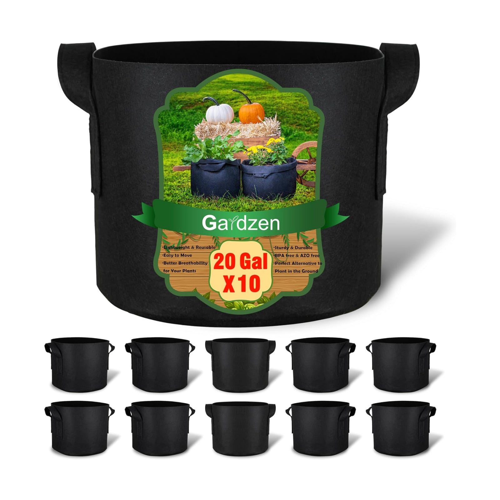 Gardzen 10-Pack 20 Gallon Grow Bags Fabric Pots with Heavy Duty Handles | Excellent Drainage & Breathability, Thickened