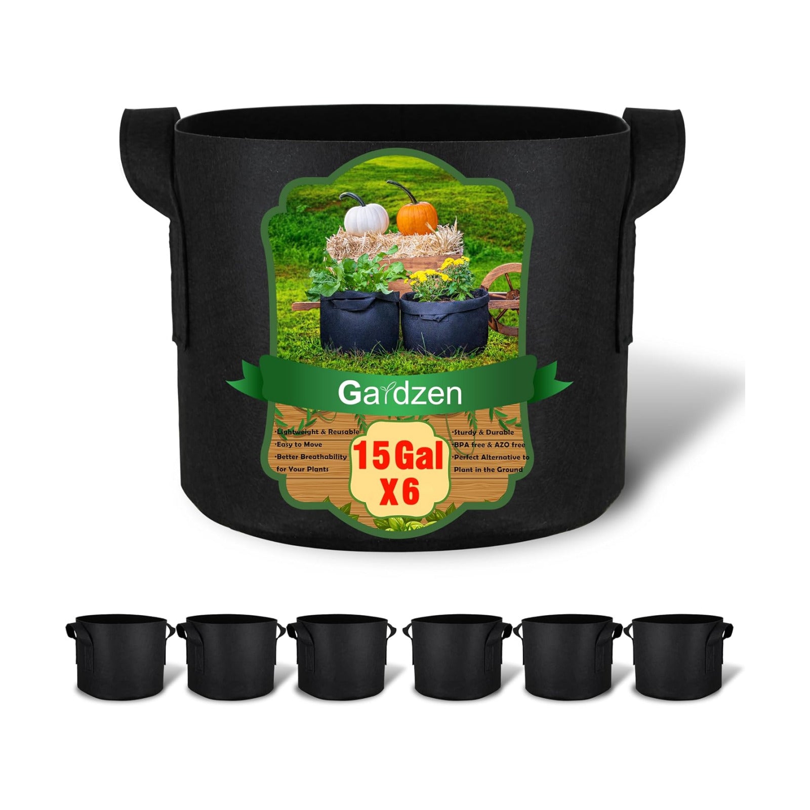 Gardzen 6-Pack 15 Gallon Grow Bags Fabric Pots with Heavy Duty Handles | Excellent Drainage & Breathability, Thickened