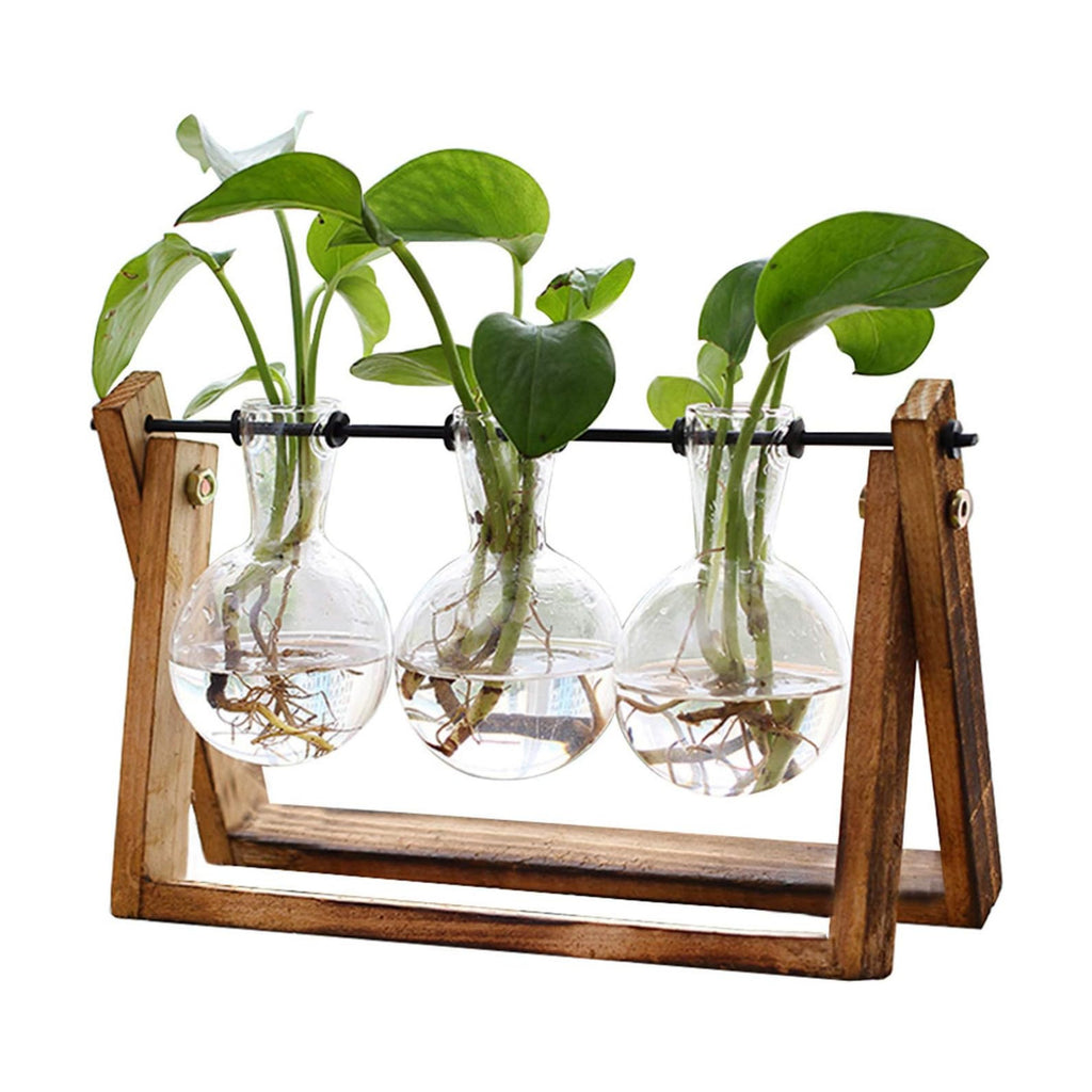XXXFLOWER Plant Terrarium with Wooden Stand, Air Planter Bulb Glass Vase Metal Swivel Holder Retro Tabletop for Hydroponics Home Garden Office Decoration - 3 Bulb Vase
