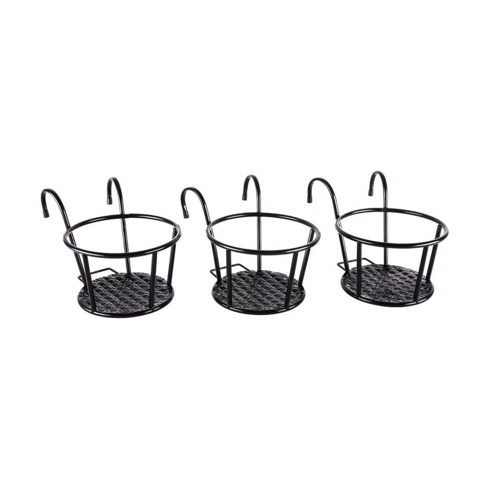 HowRU Iron Art Hanging Baskets Flower Pot Holder - Over the Rail Metal Fence Planters - Pack of 3 - Black