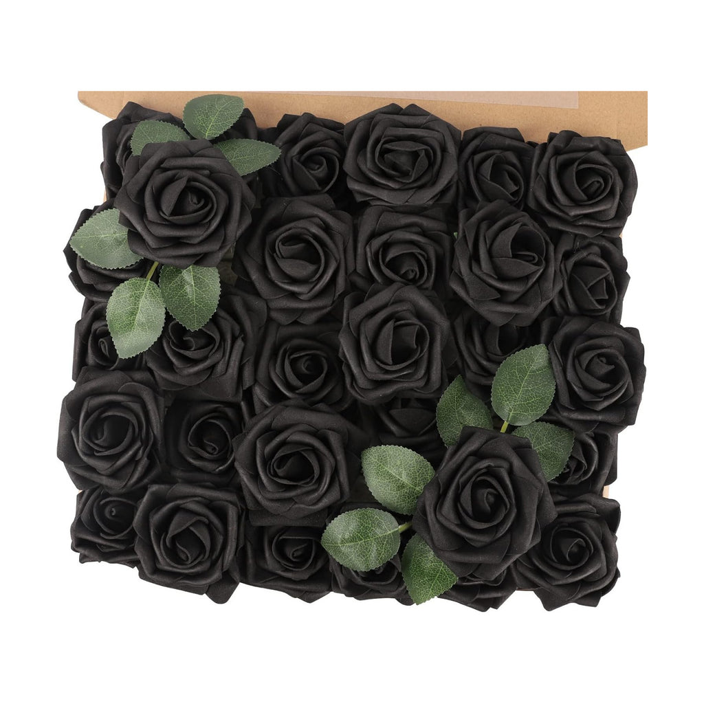 30PCS Black Artificial Flowers, Fake Roses for Halloween Decorations