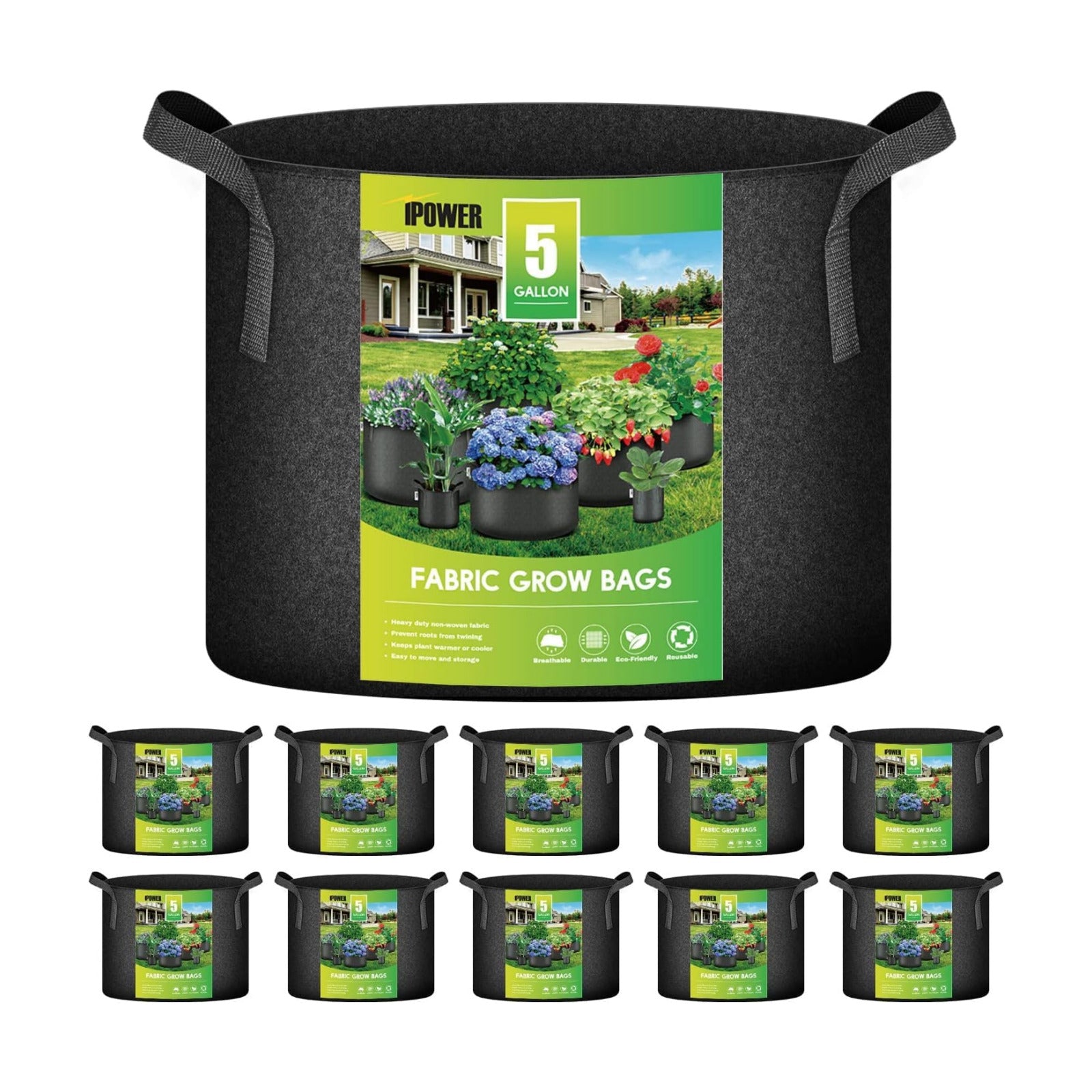 iPower 5 Gallon 10 Pack Grow Bags Nonwoven Fabric Pots Aeration Container with Strap Handles for Garden and Planting
