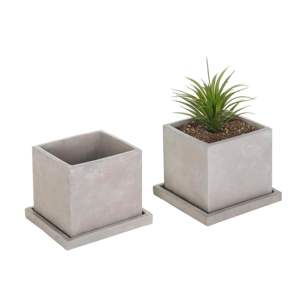 MyGift 5-Inch Square Gray Cement Plant Pot with Drainage, Small Flower Succulent Planters with Removable Saucer Trays