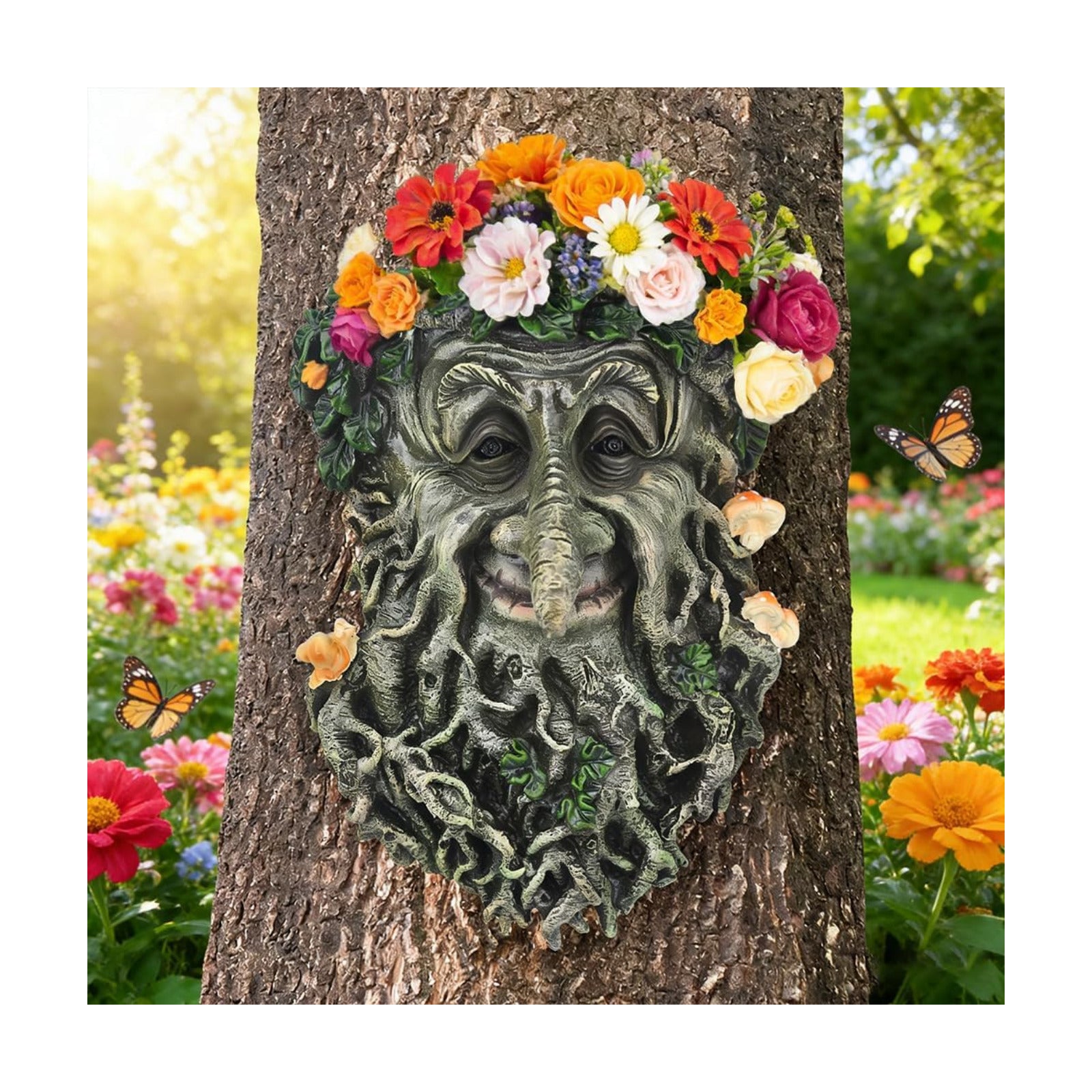 Old Man Tree Face Outdoor Decor Garden Statue Sculpture | Tree Face Hugger Flower Pot, Weatherproof, Rustic Fairy